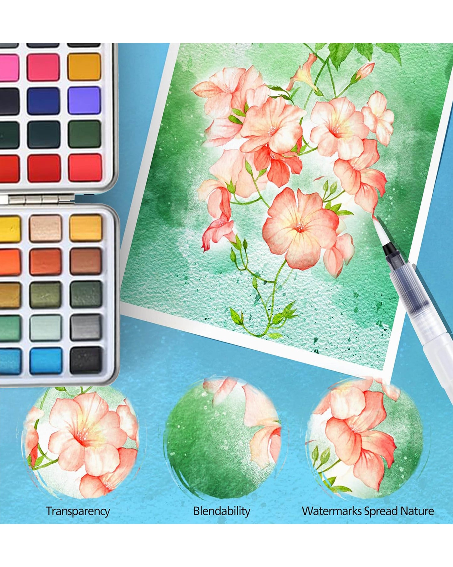Set de Acuarelas de 90 Colores + 1 Pincel Caja Metálica