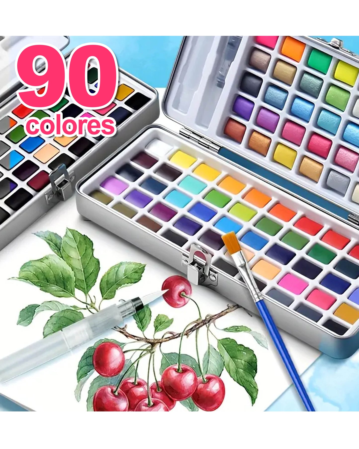 Set de Acuarelas de 90 Colores + 1 Pincel Caja Metálica