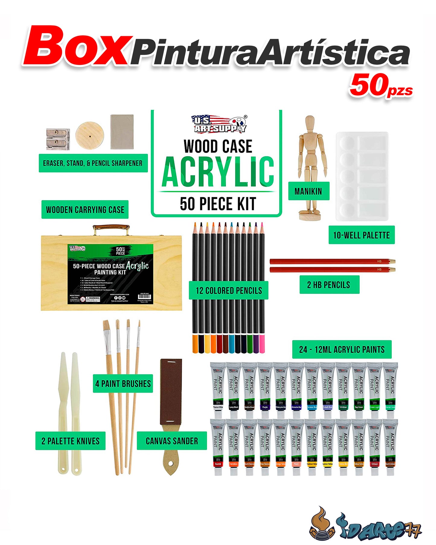 Kit De Pintura Artística U,S Art Supply 50pc - Acrílicos - Lápiz