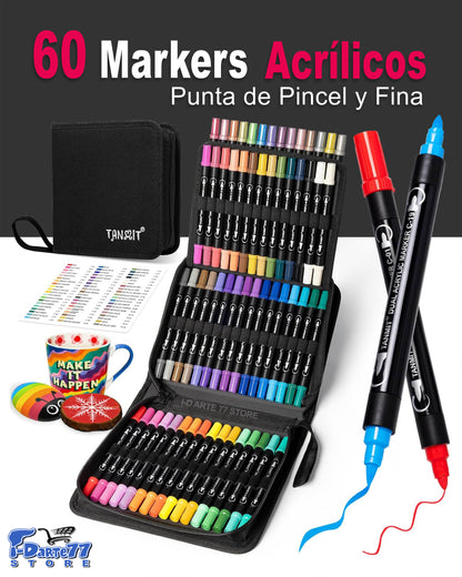 60 Marcadores de Pintura Acrílica doble punta Pincel y Fina