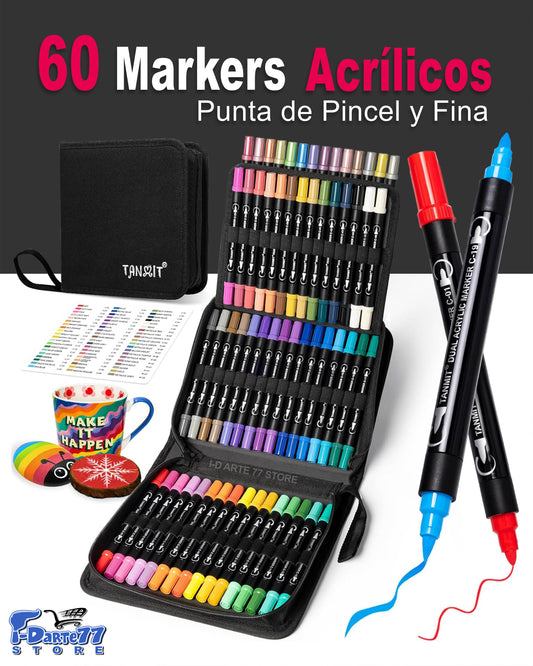 60 Marcadores de Pintura Acrílica doble punta Pincel y Fina