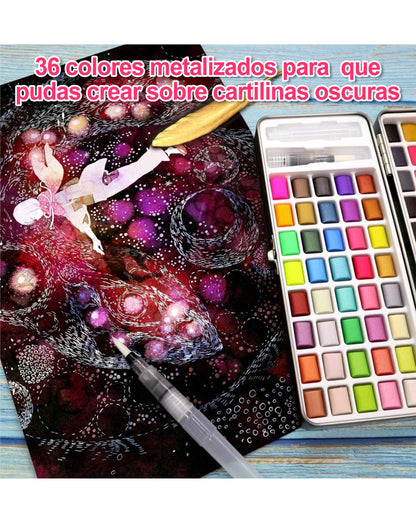 Set de Acuarelas de 90 Colores + 1 Pincel Caja Metálica